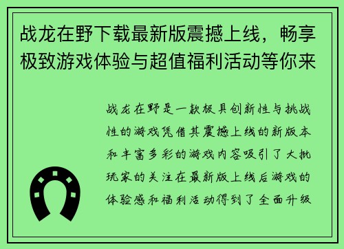 战龙在野下载最新版震撼上线，畅享极致游戏体验与超值福利活动等你来挑战